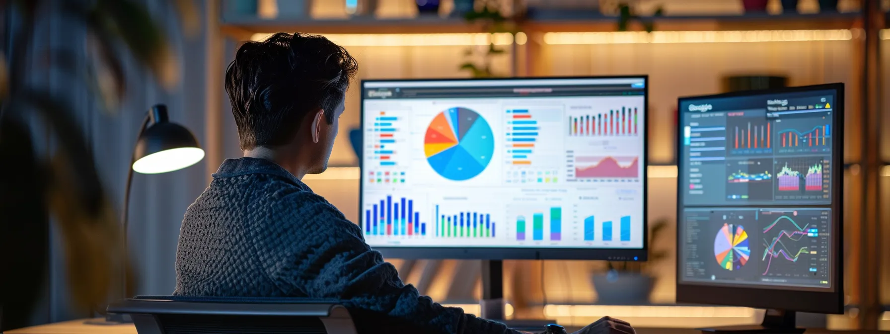 a person sitting in front of a computer screen with various seo tools open and graphs displayed on the screen.