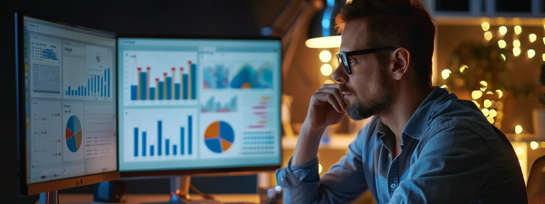 a marketer analyzing data on a computer screen filled with seo tools and analytics.