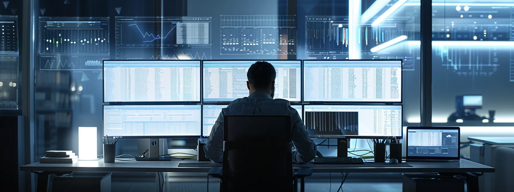 a person analyzing data on multiple computer screens in a high-tech office setting.