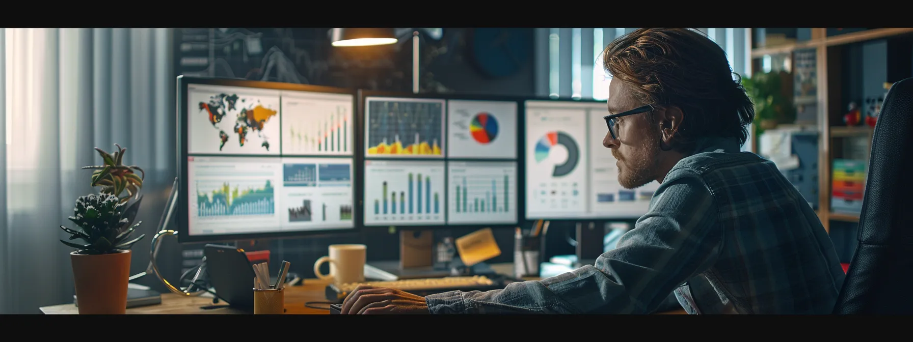 a person working at a computer with advanced keyword analysis software and analytics dashboards displayed on screen.