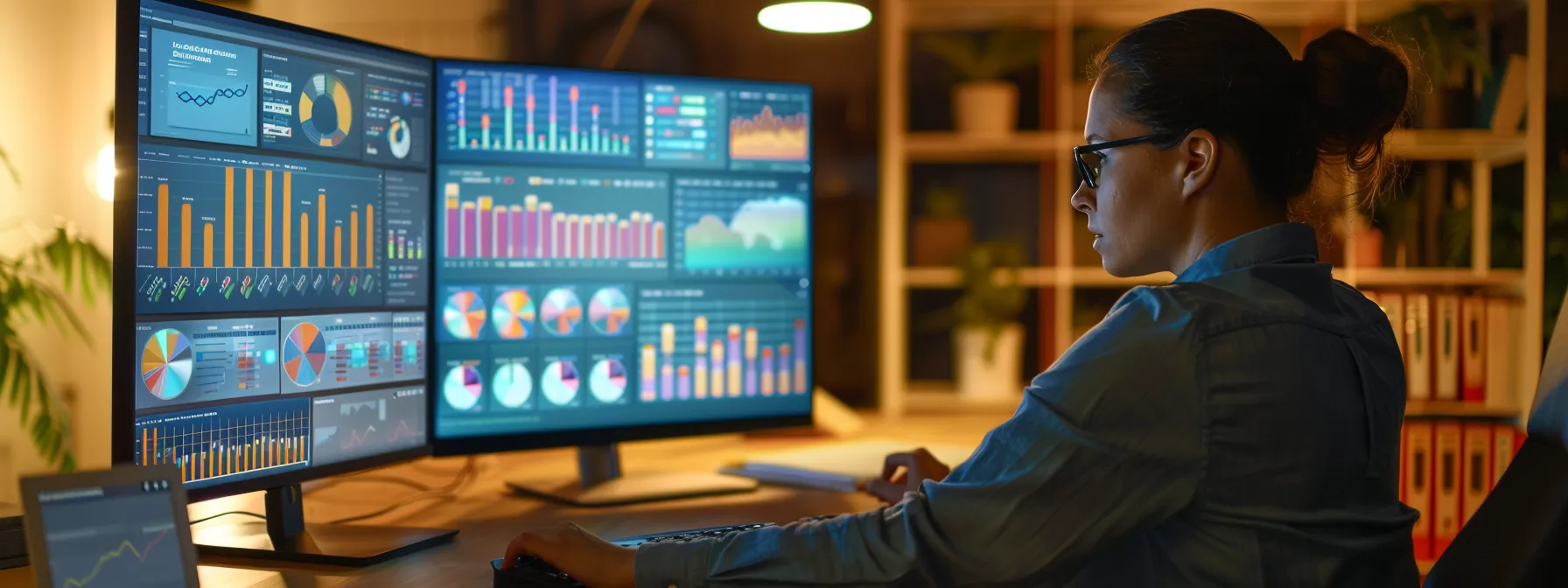 a person studying a computer screen filled with keyword analysis tools and charts.