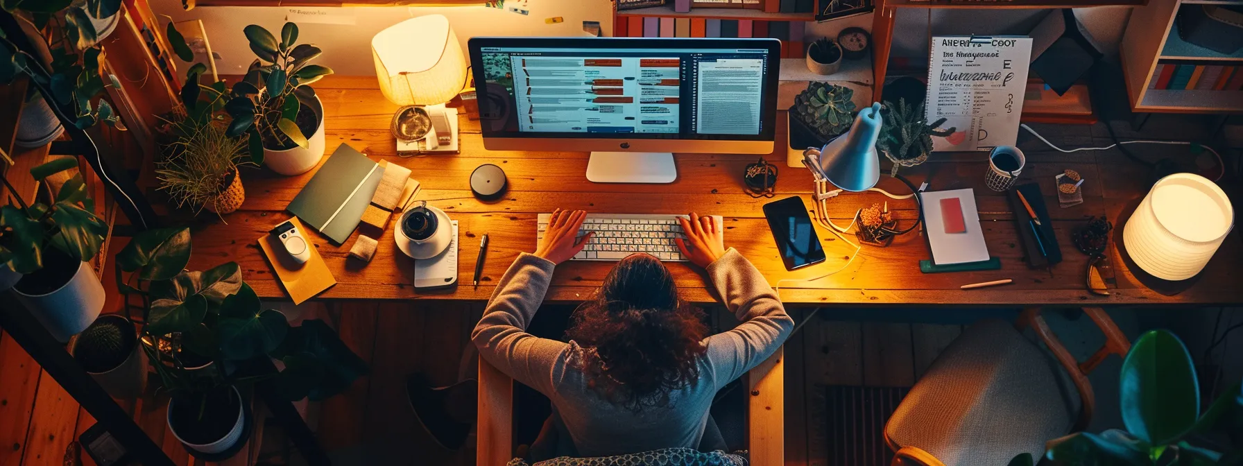 a person working on a computer, surrounded by various open tabs and tools for seo content creation.