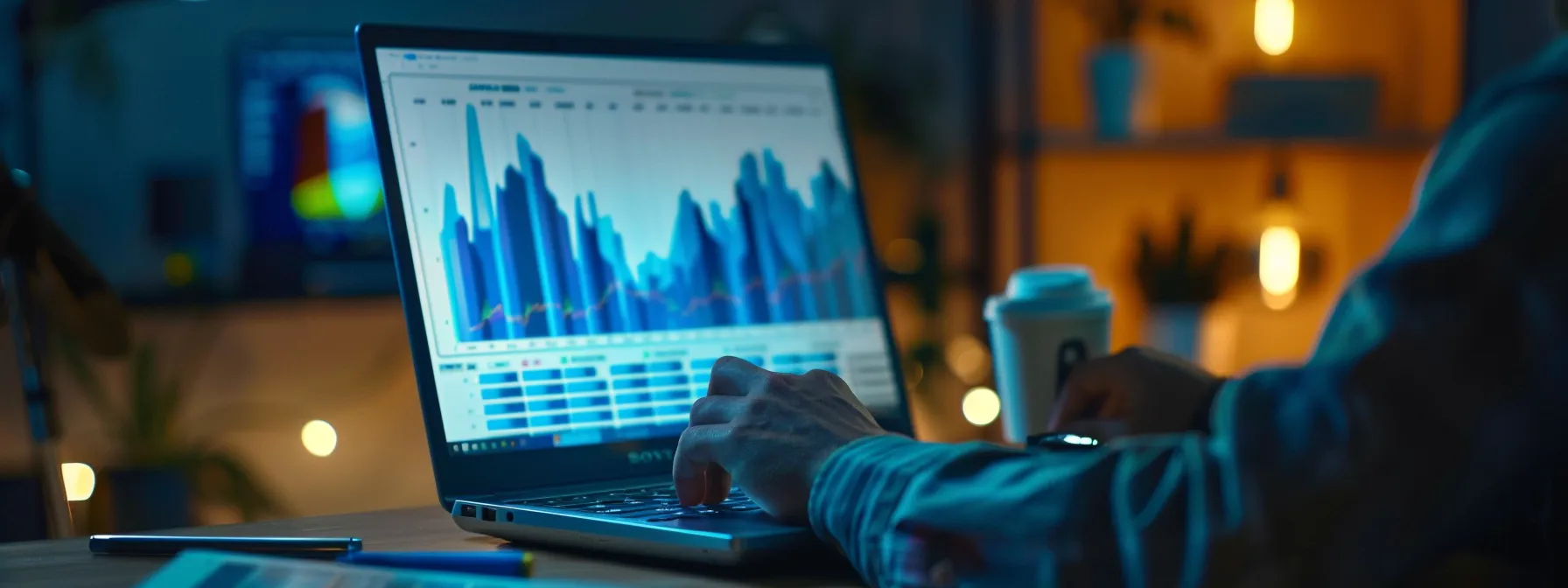 a person studying a chart with keyword difficulty levels while working on a laptop.