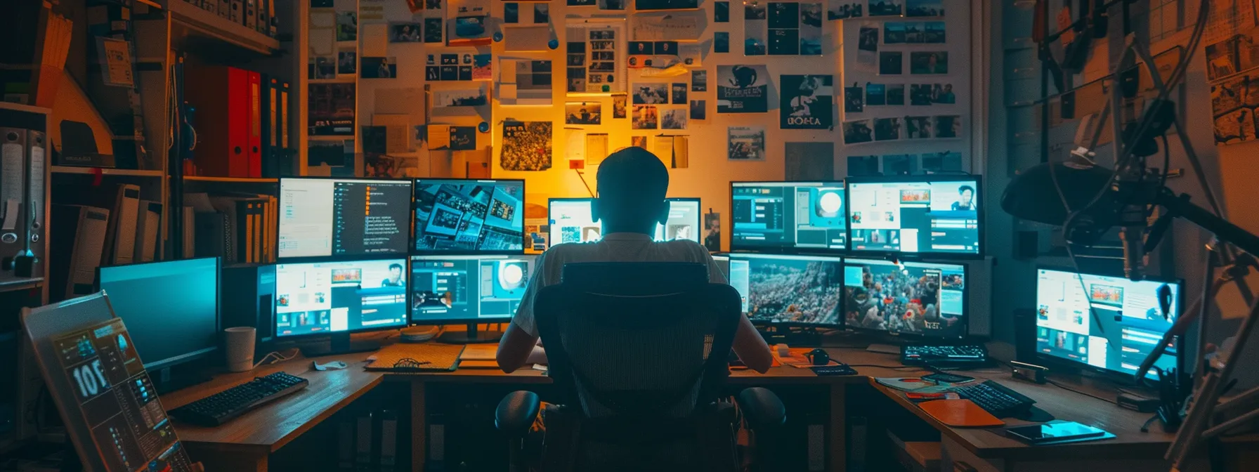 a person sitting at a desk surrounded by multiple computer screens displaying various keyword research tools.