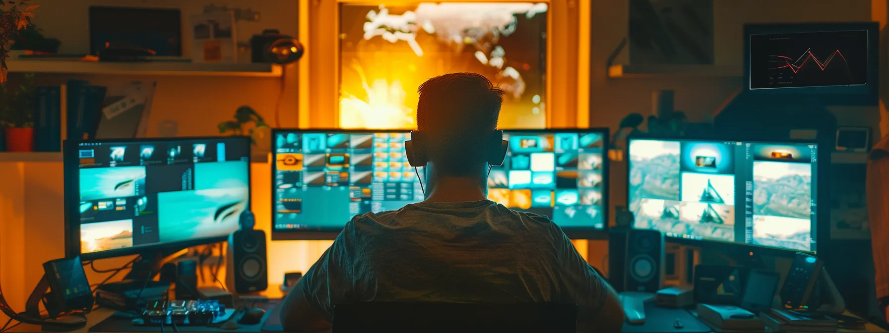 a person sitting at a computer, surrounded by multiple screens showing various seo tools and automation software in action.