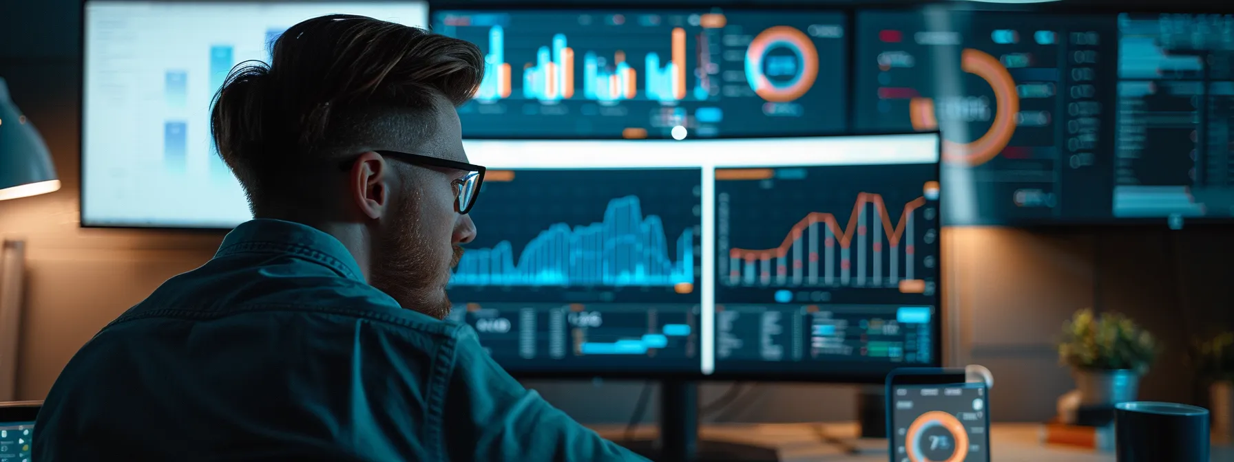 a person analyzing keyword data on a computer screen with multiple charts and graphs displayed.