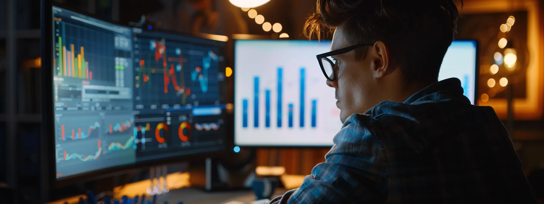 a person studying graphs and charts on a computer screen.