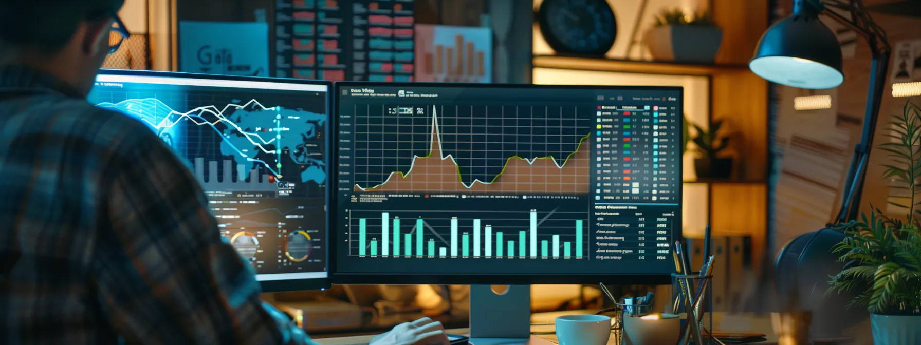 a person analyzing search volume data on a computer screen, surrounded by charts and graphs related to seo strategy.