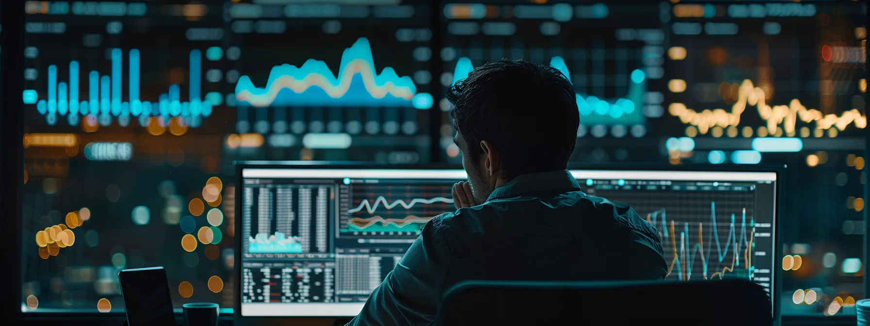 a person analyzing data on a computer with various graphs and charts displayed on the screen.